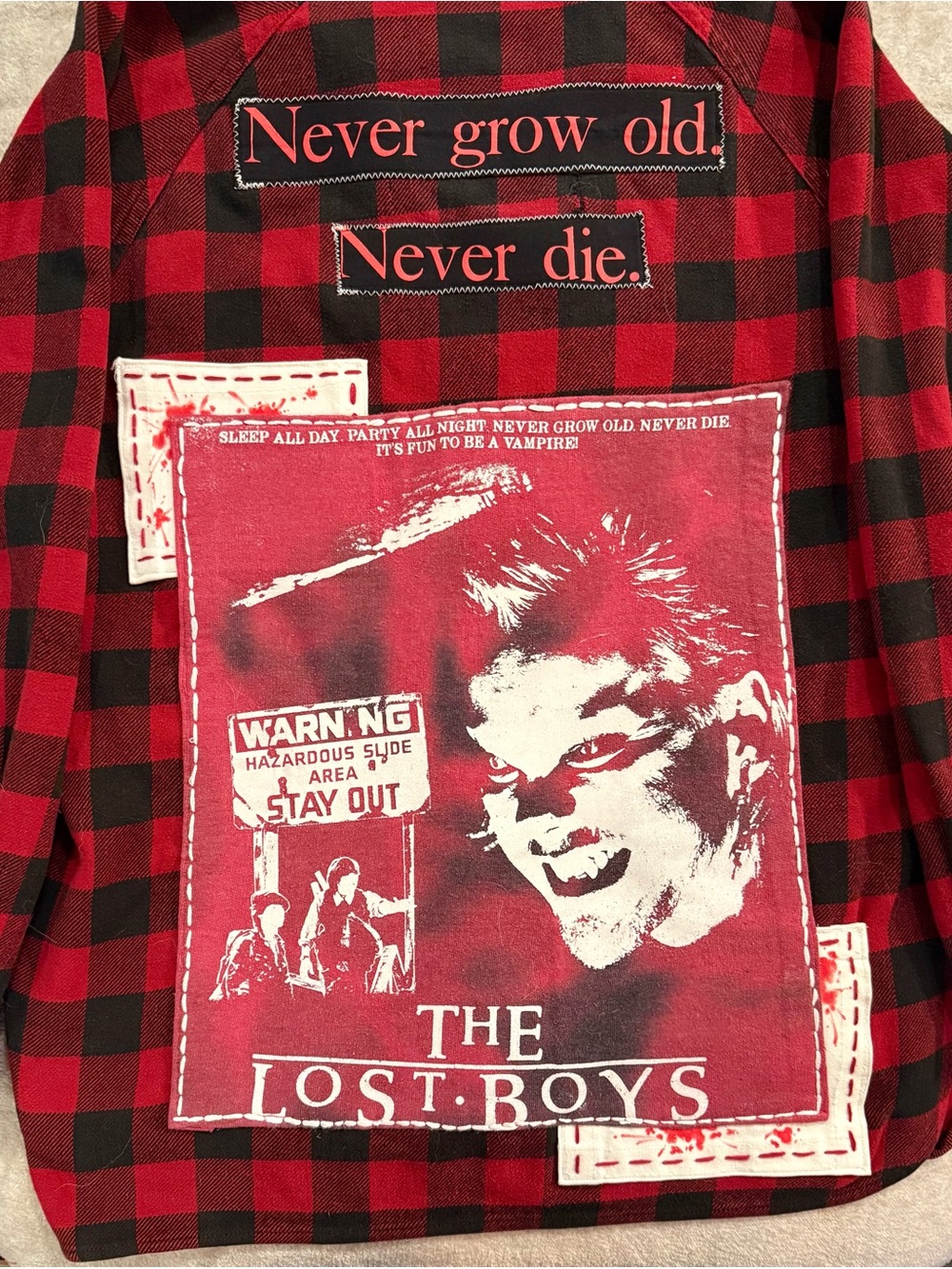 Unisex Red and Black Plaid Handmade Custom “Lost Boys” flannel. Size Med/ Large